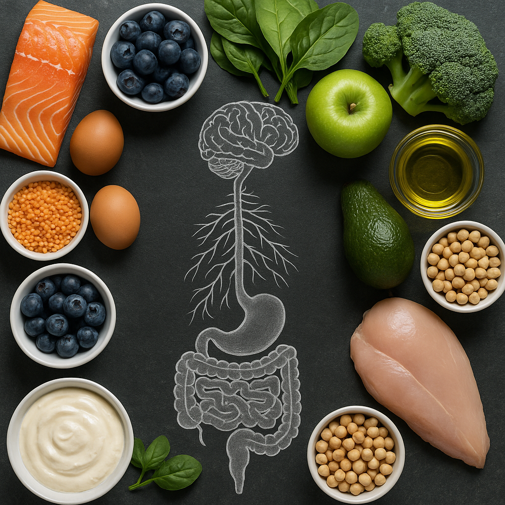 脳と消化器の白い線画と、周囲に並ぶ食材。心と体のつながりと栄養のイメージ