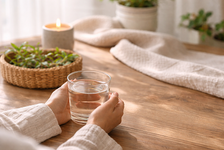 やさしい光の中で、手がコップの水を持つ落ち着いた場面