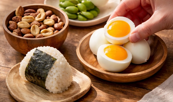 集中力を支える補食の例(ゆで卵、ナッツ、おにぎり、枝豆)