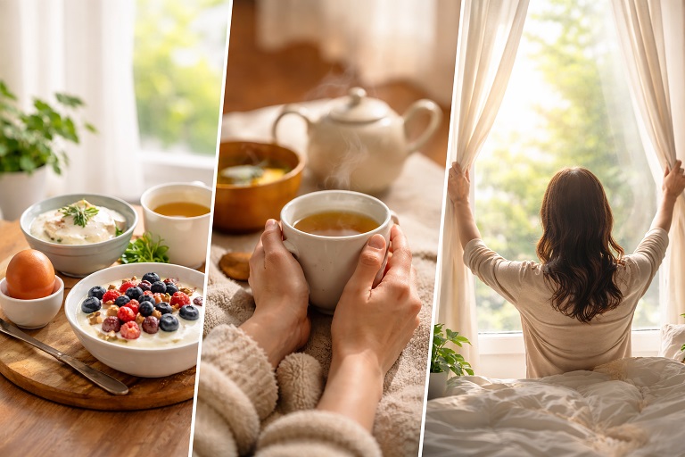 朝食(ヨーグルトにベリーとナッツ、卵、豆腐、温かい飲み物)の食卓、湯気の立つカップを両手で包む様子、朝の光を取り入れるためにカーテンを開ける女性の後ろ姿を3枚にまとめたコラージュ。