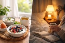 朝の食卓（ヨーグルトにベリーやナッツ、温かい飲み物、卵と豆腐）と、夜のベッドサイド（やわらかな照明の中でカップを持ち本を読む女性）を左右に分けて描いた、朝と夜の整え方をイメージする写真。