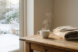 冬の朝、窓辺のやわらかな光と湯気の立つ白湯のカップ