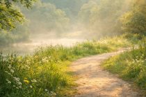 朝の光の中で続くやわらかな小道の風景