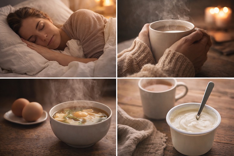 睡眠、温かい飲み物、具だくさんのスープ、ヨーグルトと飲み物を並べた4分割コラージュ（休息・温め・補給のイメージ）