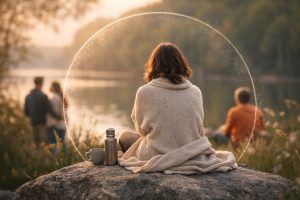 イライラや落ち込みの時期に、湖畔で静かに休む女性（体と心を整えるイメージ）