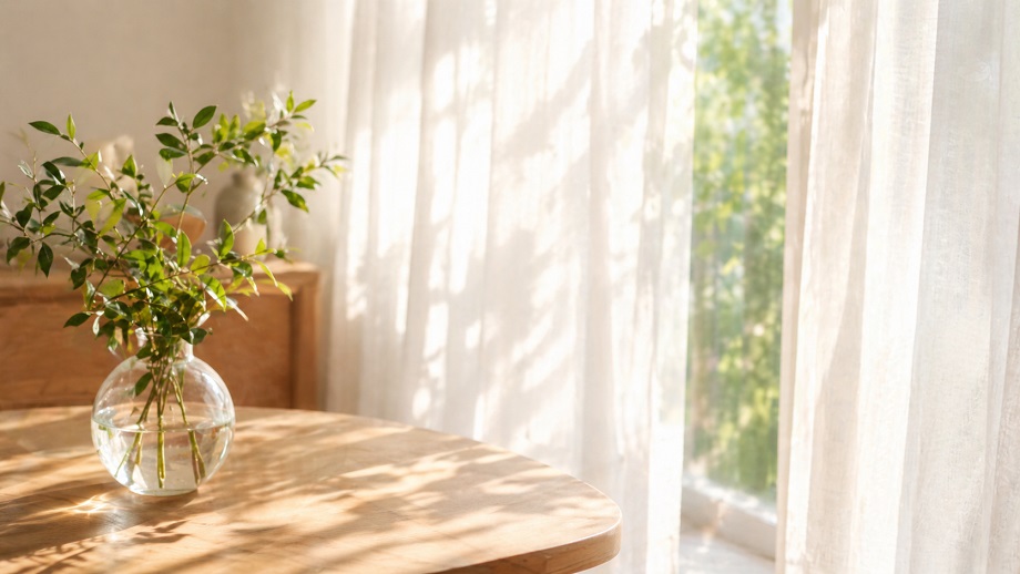 朝の光が入る窓辺とグリーンのある静かな空間