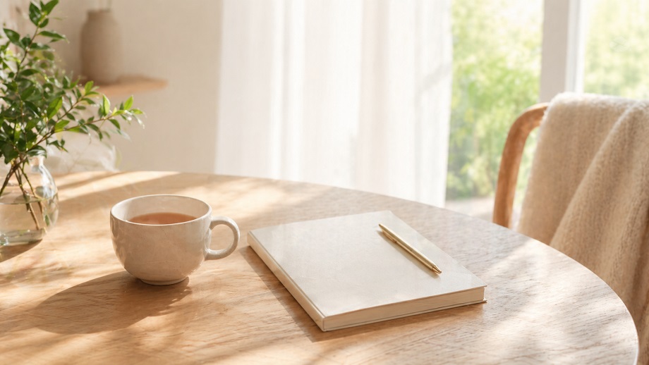 朝の木漏れ日の中に置かれたカップとノート
