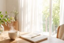 朝の光が差し込む窓辺のテーブルに、温かい飲み物とノートが置かれた静かな朝の風景