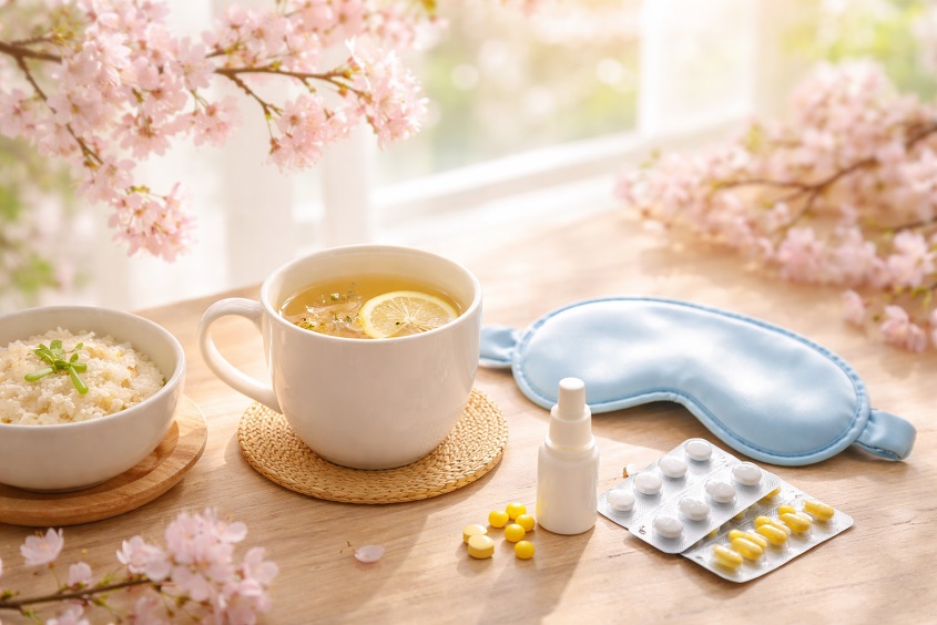 春の光が差し込む室内で、木のテーブルの上に温かい飲みものや養生を思わせる小物が置かれ、春の不調を静かに整える暮らしをイメージした画像。