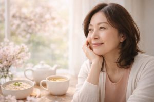 春のやわらかな光が入る室内で、50代前後の女性が窓辺で静かにくつろぎながら外を見つめている、春の不調をやさしく整える時間をイメージした画像。