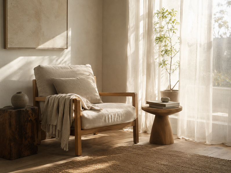 朝の光が入る静かな部屋に、リネンの椅子と本、植物が置かれた余白のある暮らしの風景