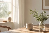 朝のやわらかな光が入る部屋で、カップと植物が置かれた静かな余白のある暮らしの風景