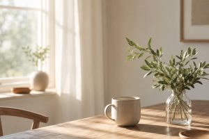 朝のやわらかな光が入る部屋で、カップと植物が置かれた静かな余白のある暮らしの風景