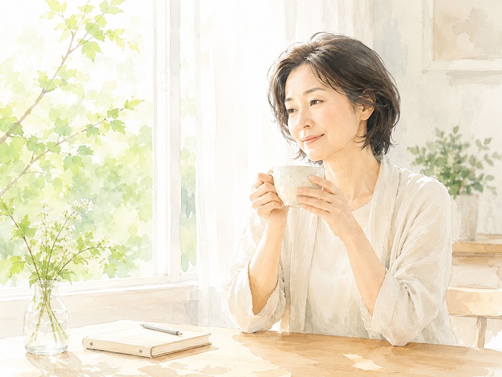 GW明けの疲れを整えるため、窓辺で温かい飲み物を手に静かに過ごす女性