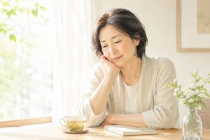 GW明けの疲れを整えるため、窓辺で静かに過ごす女性のイメージ