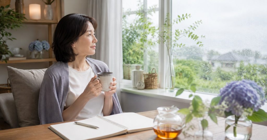 雨の窓辺でお茶を手にする女性が、予定を詰めすぎず静かな余白を感じている梅雨前の室内風景