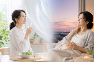 朝の光と夜のくつろぎの中で、飲み物を手に穏やかに過ごす40代女性のイメージ