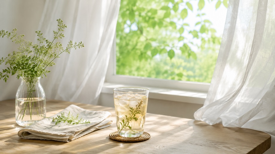 夏の光が差し込む窓辺で、冷たい飲み物とグリーンを置いて静かに過ごす夏の時間