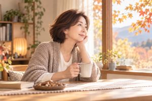 秋のやわらかな光が差し込む部屋で、マグカップを手に窓の外の紅葉を眺めながら穏やかにくつろぐ女性の姿。