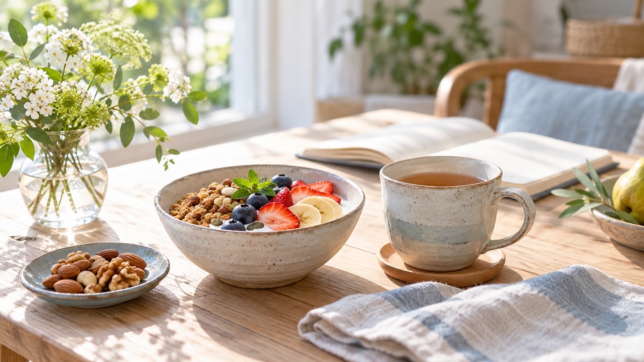明るい窓辺に並ぶ果物やナッツ、温かいお茶と花。無理のない健康習慣と、心地よい暮らしを感じさせる朝の風景。